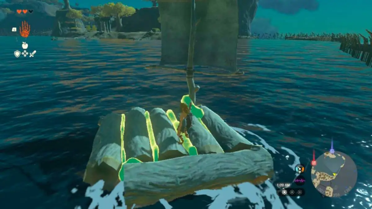 Screenshot of Link crossing a lake to reach the second Shrine in Tears of the Kingdom.