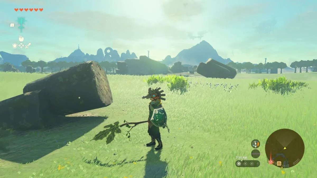 A screenshot of Link holding a Korok Frond Guster in Tears of the Kingdom.