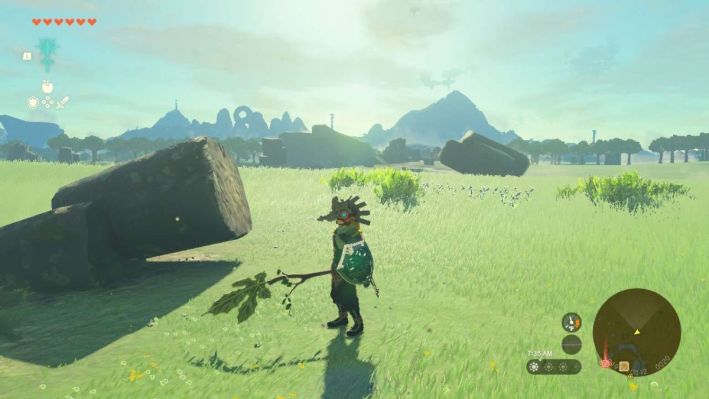 A screenshot of Link holding a Korok Frond Guster in Tears of the Kingdom.