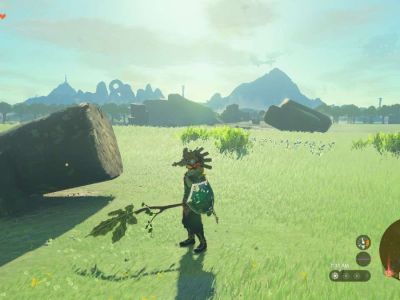 A screenshot of Link holding a Korok Frond Guster in Tears of the Kingdom.