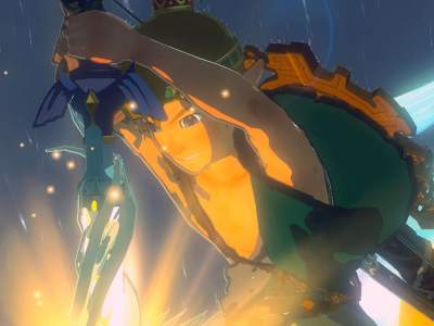 Link pulling the Master Sword in Tears of the Kingdom.