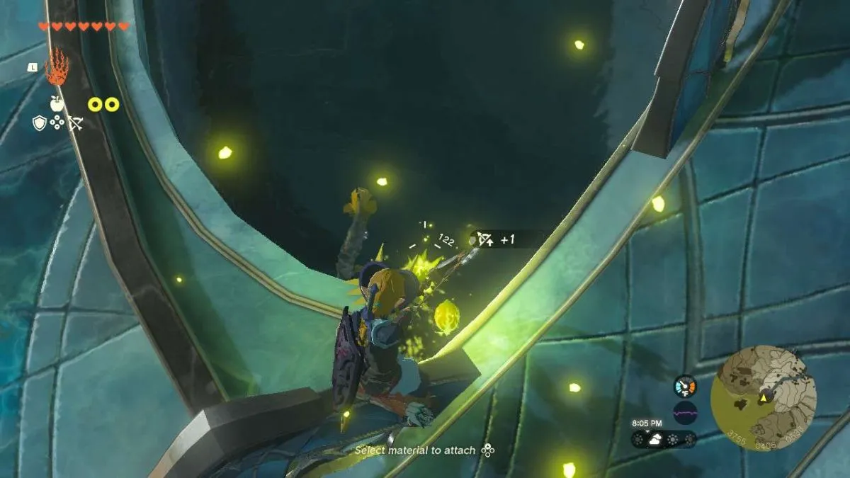 Link using a Shock Fruit on an Ancient Arowana in Tears of the Kingdom.