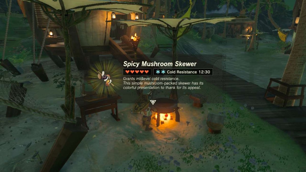 Link cooking a Spicy Mushroom Skewer in Tears of the Kingdom.