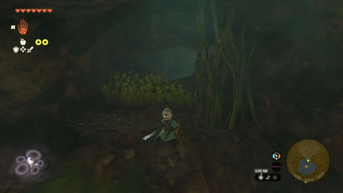 Link in Ancient Tree Stump Cave in Tears of the Kingdom.