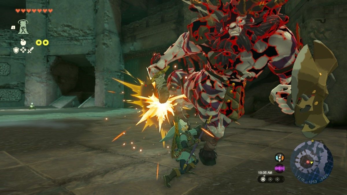 Link fighting a Lynel to get the Majora's Mask in Tears of the Kingdom.