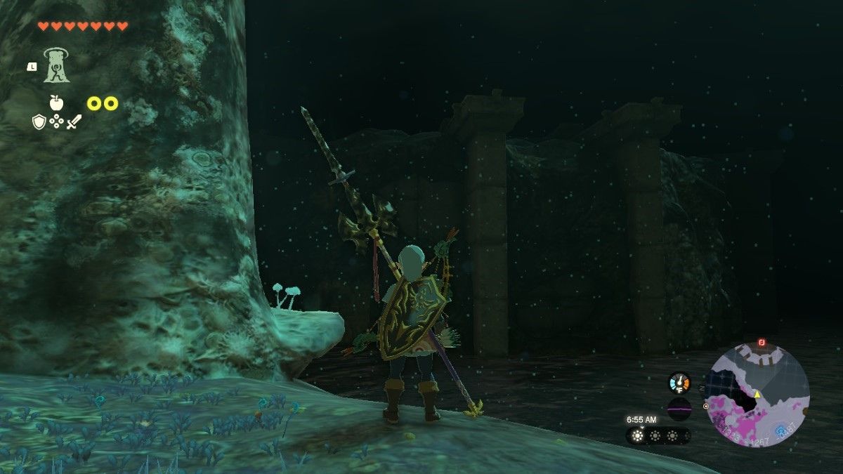Link standing in front of the Floating Coliseum in the Depths in Tears of the Kingdom.