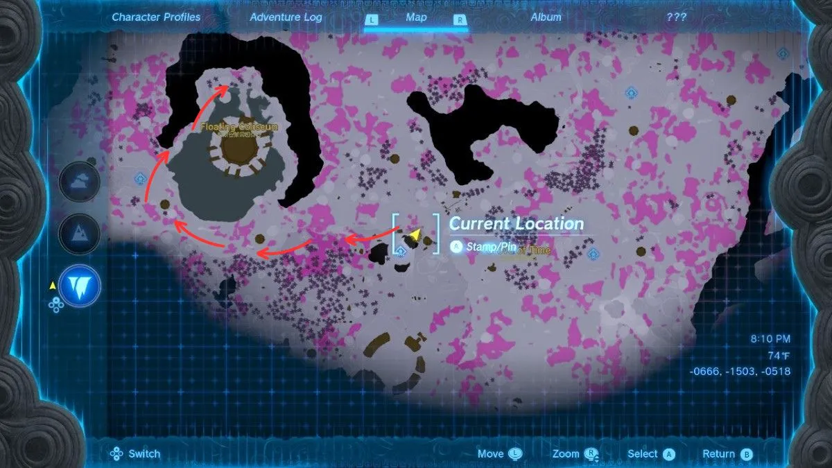 A map showing the location of Majora's Mask in Tears of the Kingdom.