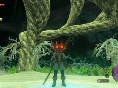 Link wearing the Majora's Mask in Tears of the Kingdom.