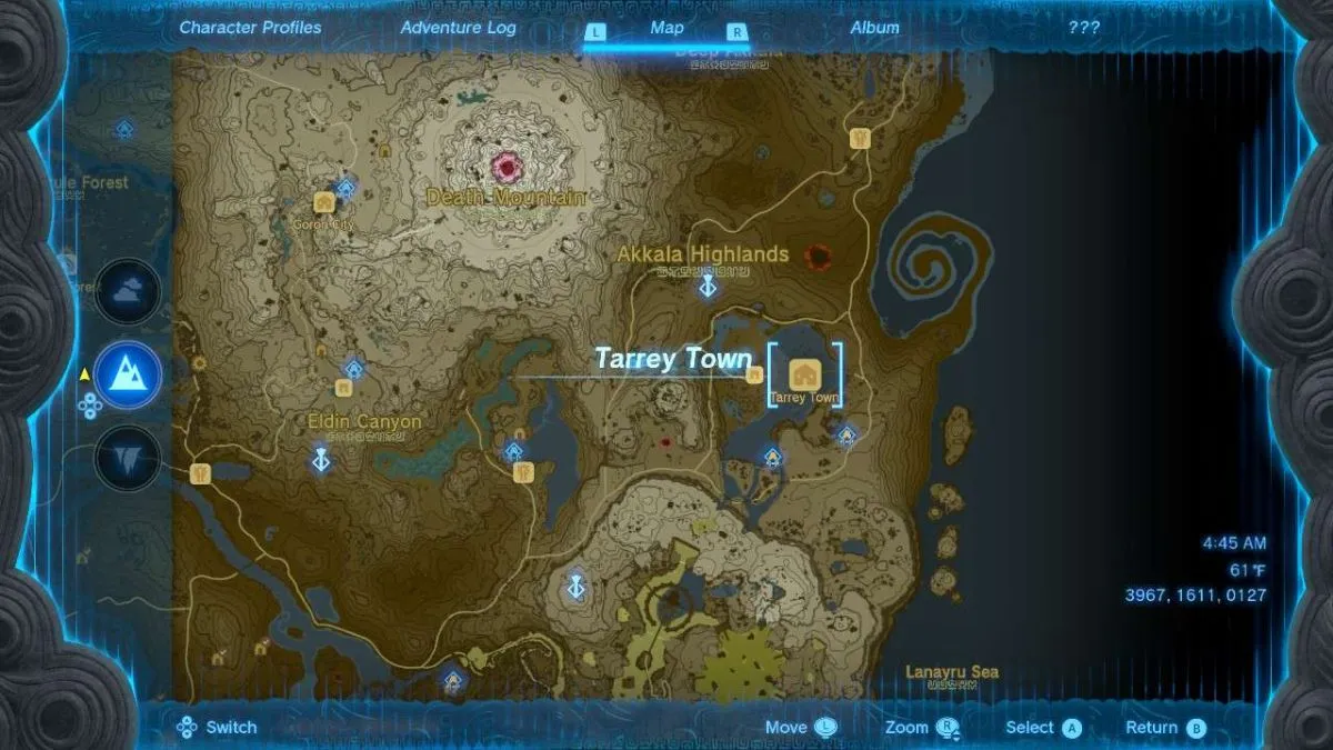 Map showing Tarrey Town's exact location in Tears of the Kingdom.
