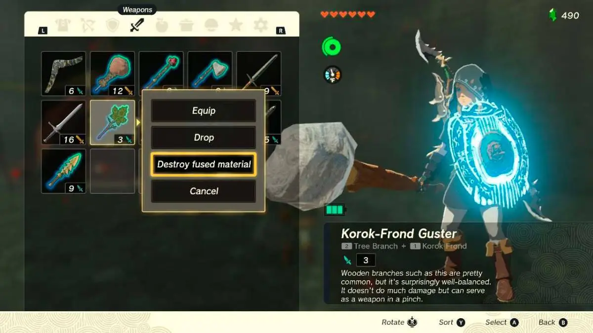 Screenshot of unfusing a weapon in The Legend of Zelda: Tears of the Kingdom.