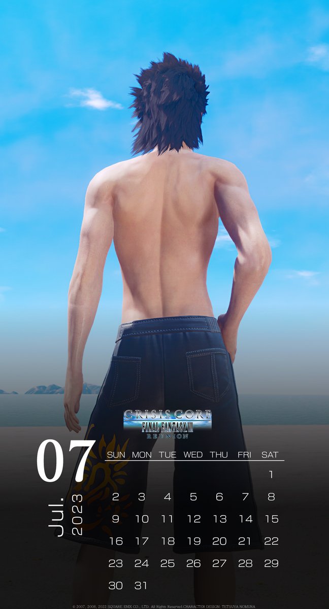 Zack Wears a Swimsuit in Final Fantasy VII July 2023 Calendar