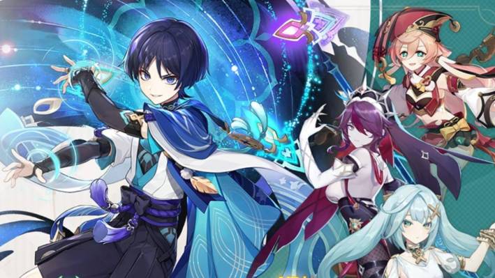 Spact Genshin lan kokomi spanduk uga star faruzan, Rosaria, lan Yanfei