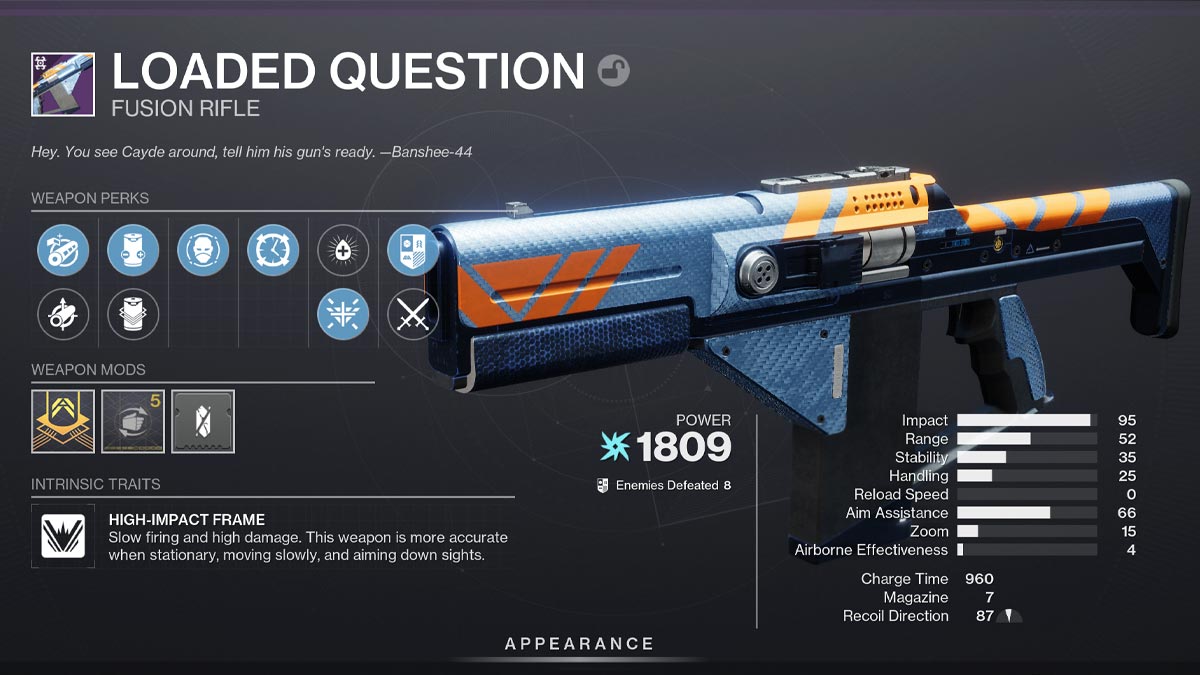 Screenshot of Loaded Question fusion rifle in Destiny 2.