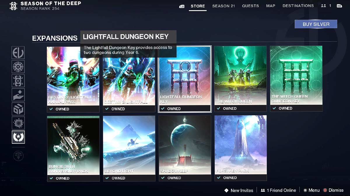 Screenshot of the Dungeon key store menu in Destiny 2.