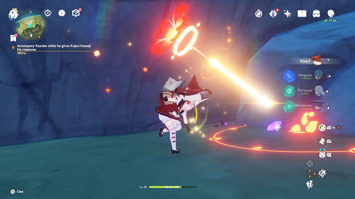 Скриншот, на котором Клее взрывает электрокристаллы в Genshin Impact.
