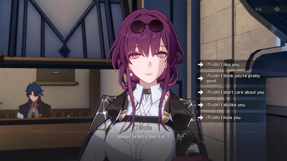 Кадр, на котором первопроходец отвечает Кафке в Honkai: Star Rail.