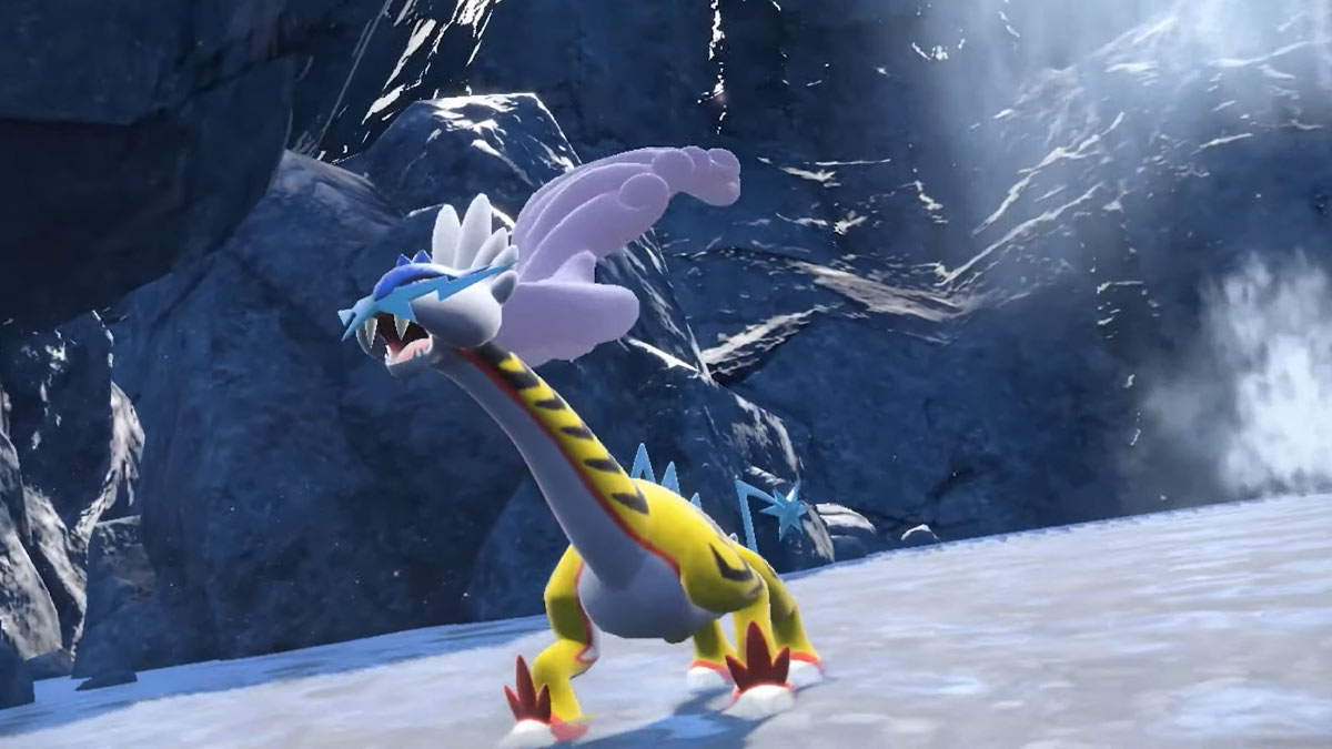 Screenshot of Paradox Raikou Raging Bolt in Pokémon Scarlet and Violet DLC.