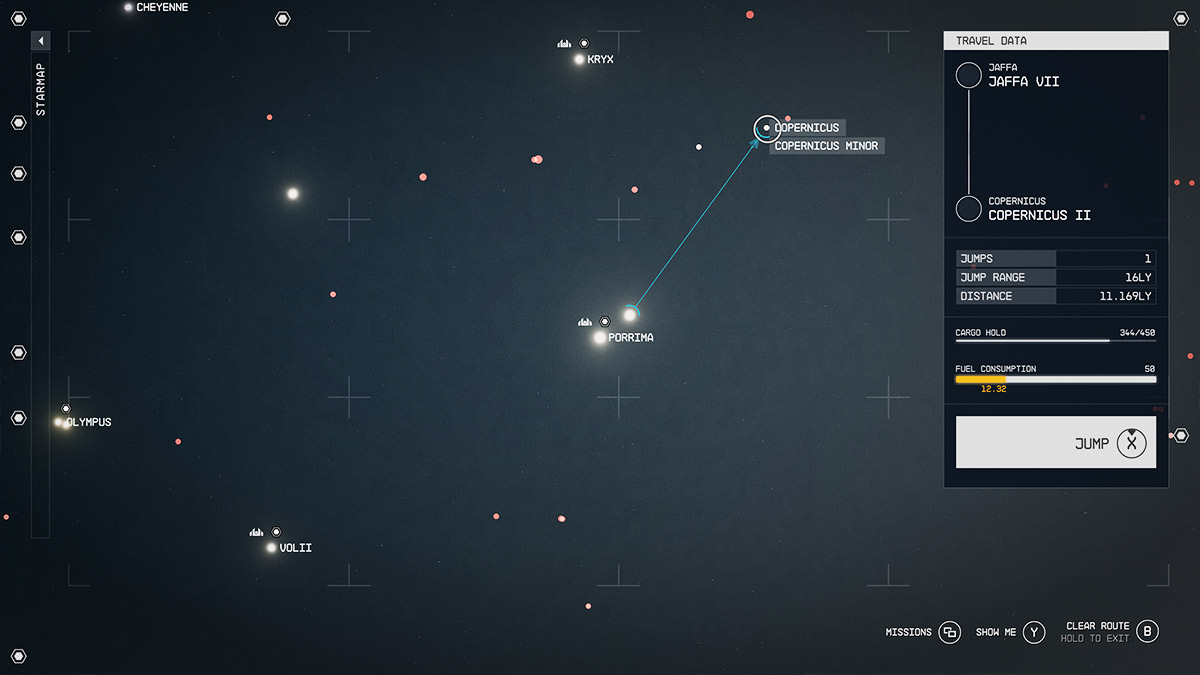Screenshot of Star System menu in Starfield.