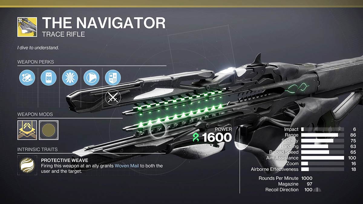 Screenshot of The Navigator exotic in Destiny 2.