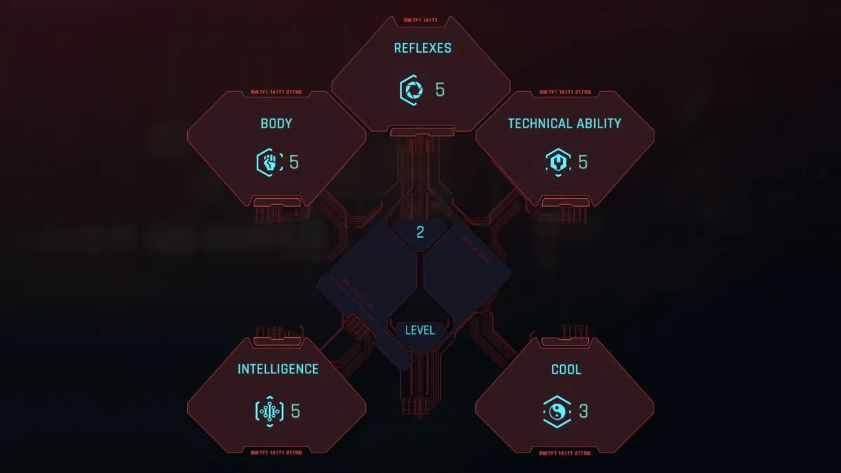 Screenshot of the Attributes screen in Cyberpunk 2077 2.0.