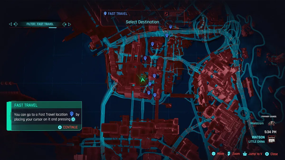 Screenshot of the Fast Travel map feature in Cyberpunk 2077 2.0