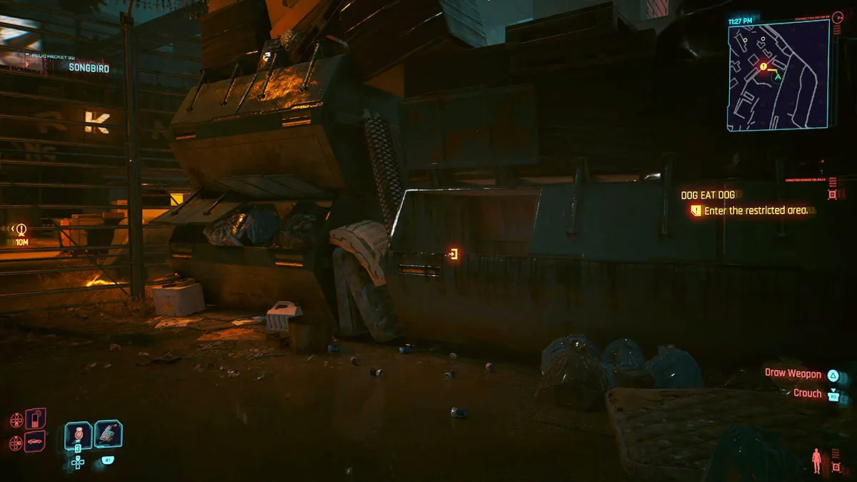 Скриншот мусорного контейнера с квестом Dog Eat Dog в DLC Cyberpunk 2077 Phantom Liberty