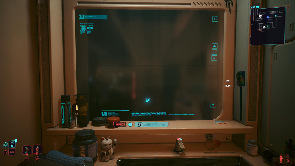 Screenshot of V apartment mirror in Cyberpunk 2077 2.0