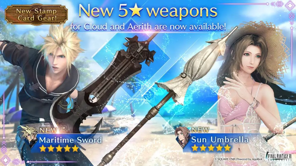 The new FFVII Ever Crisis banner gives Aerith Sunny Robe swimsuit gear and a Sun Umbrella weapon and Cloud a Maritime Sailor gear and sword.