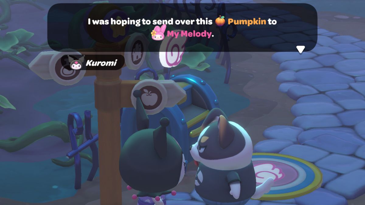 Screenshot of Kuromi in Hello Kitty Island Adventure.