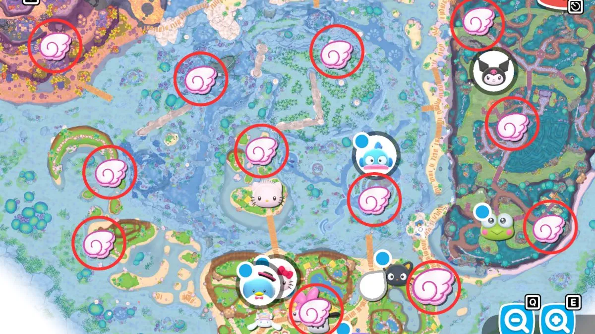 Screenshot of the Mailbox locations on the map in Hello Kitty Island Adventure.
