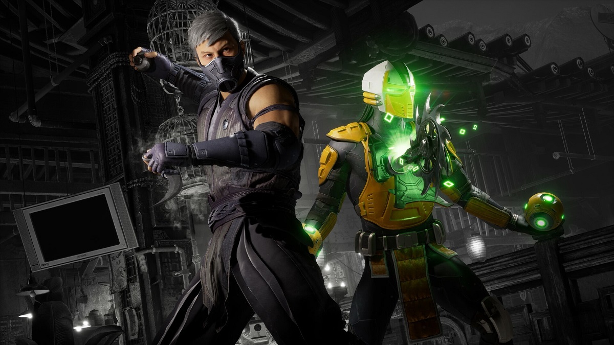 Mortal Kombat 1 - Smoke and Cyrax stand ready to fight. A buzz saw is emerging from Cyrax's chest.