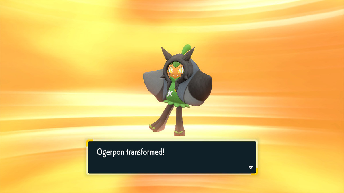 Screenshot of Cornerstone Ogerpon transformation in Pokemon Scarlet and Violet The Teal Mask