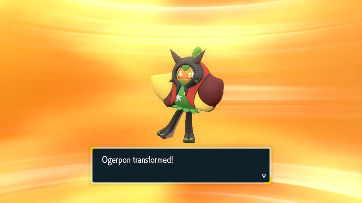 Screenshot of Hearthflame Ogerpon transformation in Pokemon Scarlet and Violet The Teal Mask