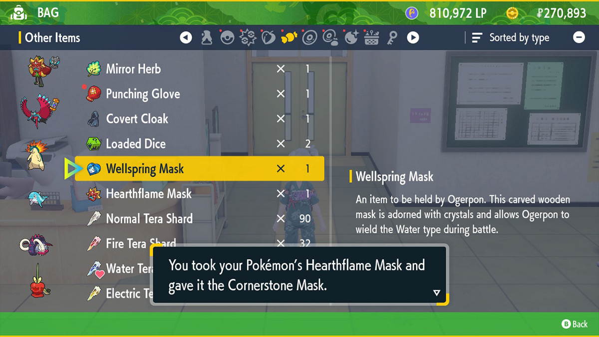 Screenshot of Ogrepon mask menu in Pokemon Scarlet and Violet The Teal Mask
