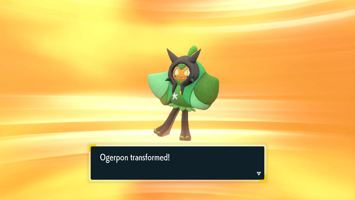 Screenshot of Teal Ogerpon transformation in Pokemon Scarlet and Violet The Teal Mask