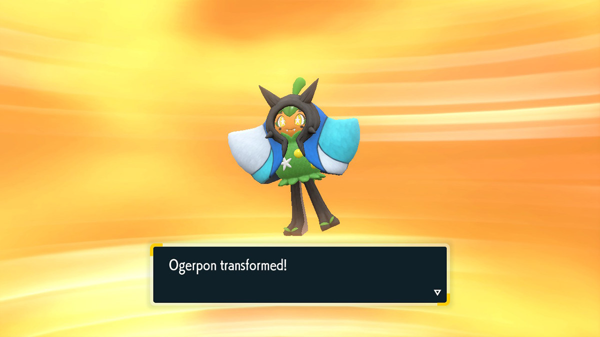 Screenshot of Wellspring Ogerpon transformation in Pokemon Scarlet and Violet The Teal Mask