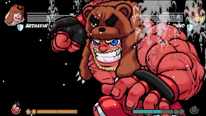 A red, muscled man in a bear hat cocks his fist back and smiles