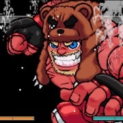 A red, muscled man in a bear hat cocks his fist back and smiles