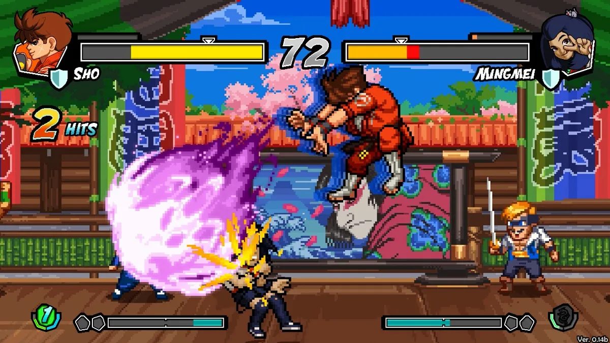 A character flings a fireball at a downward arc, striking their foe
