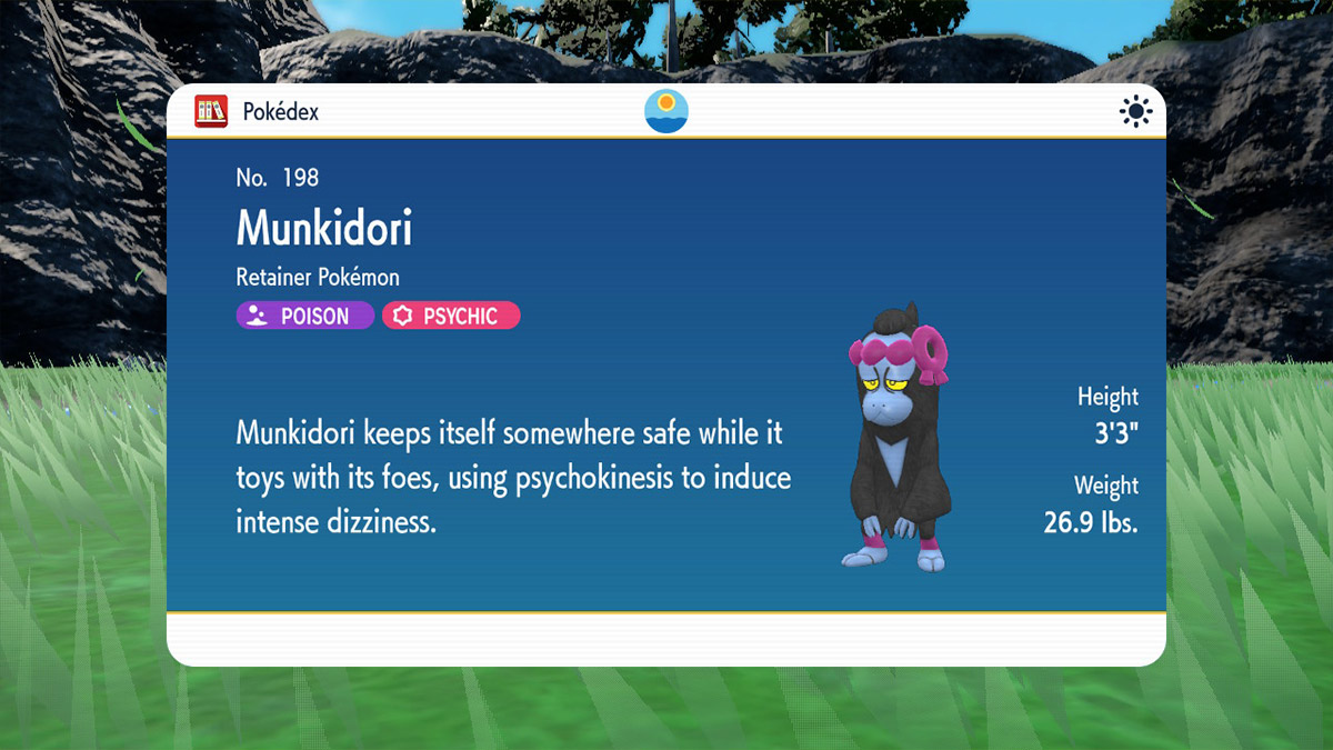 Screenshot of Munkidori Pokedex registered in Pokemon Scarlet and Violet The Teal Mask