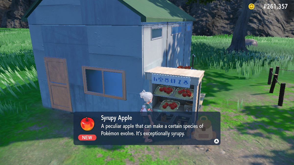 Screenshot of Syrupy Apple vending machine in Pokemon Scarlet and Violet The Teal Mask.