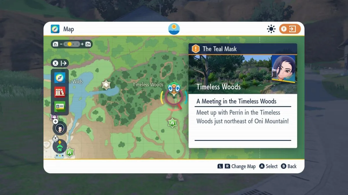 Screenshot of the photo minigame location map in the Pokemon Scarlet and Violet The Teal Mask DLC.