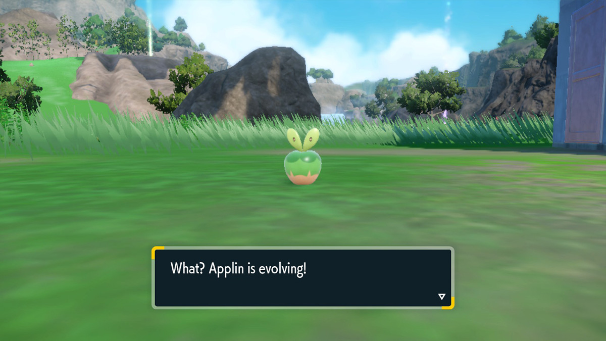 Screenshot of Shiny Applin evolving in Pokemon Scarlet and Violet The Teal Mask