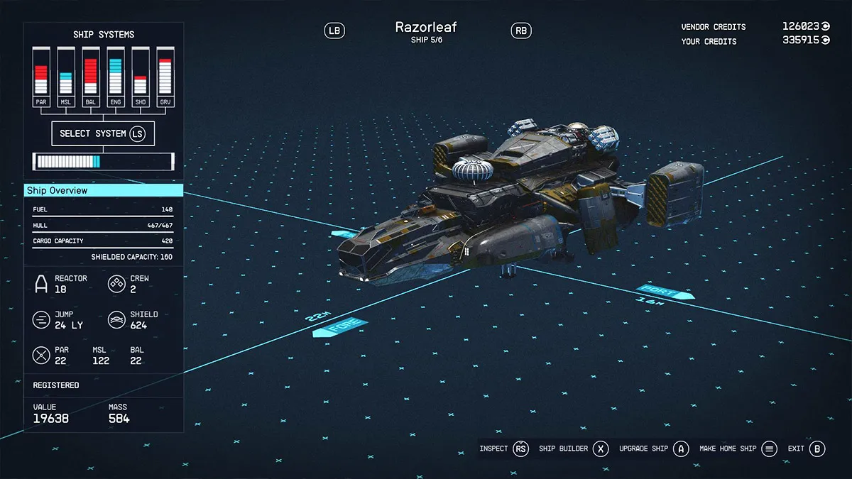 Screenshot of Razorleaf ship cargo space in Starfield.