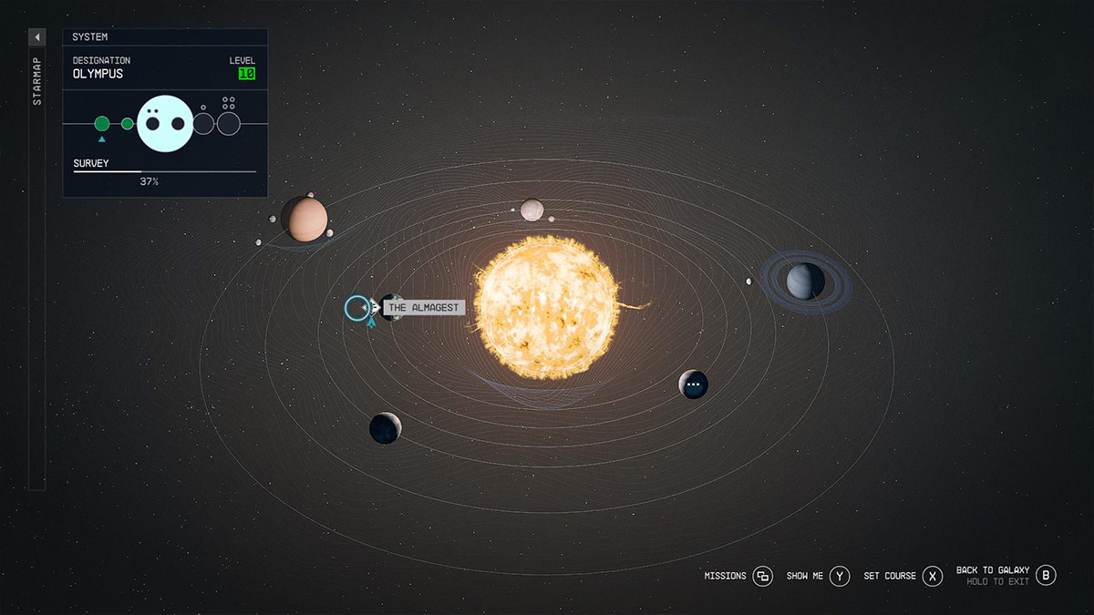 Скриншот карты звездной системы Олимп в Starfield.