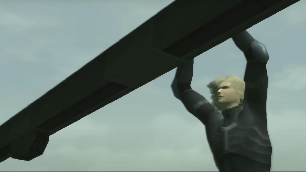 Raiden hangs from a railing in Metal Gear Solid 2