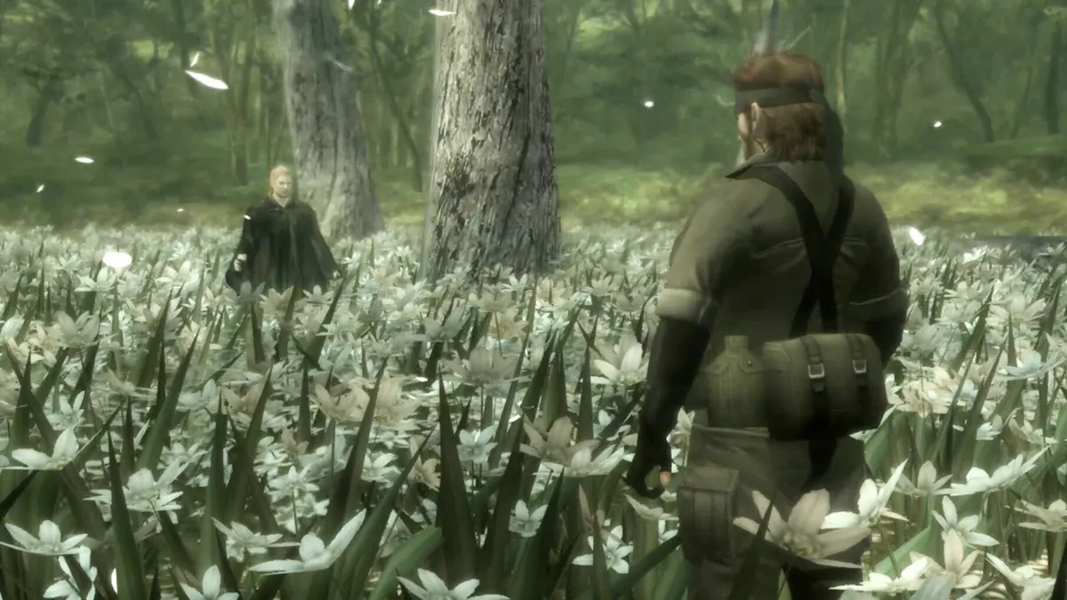 Screenshot of Snake and the Boss in Metal Gear Solid 3: Snake Eater