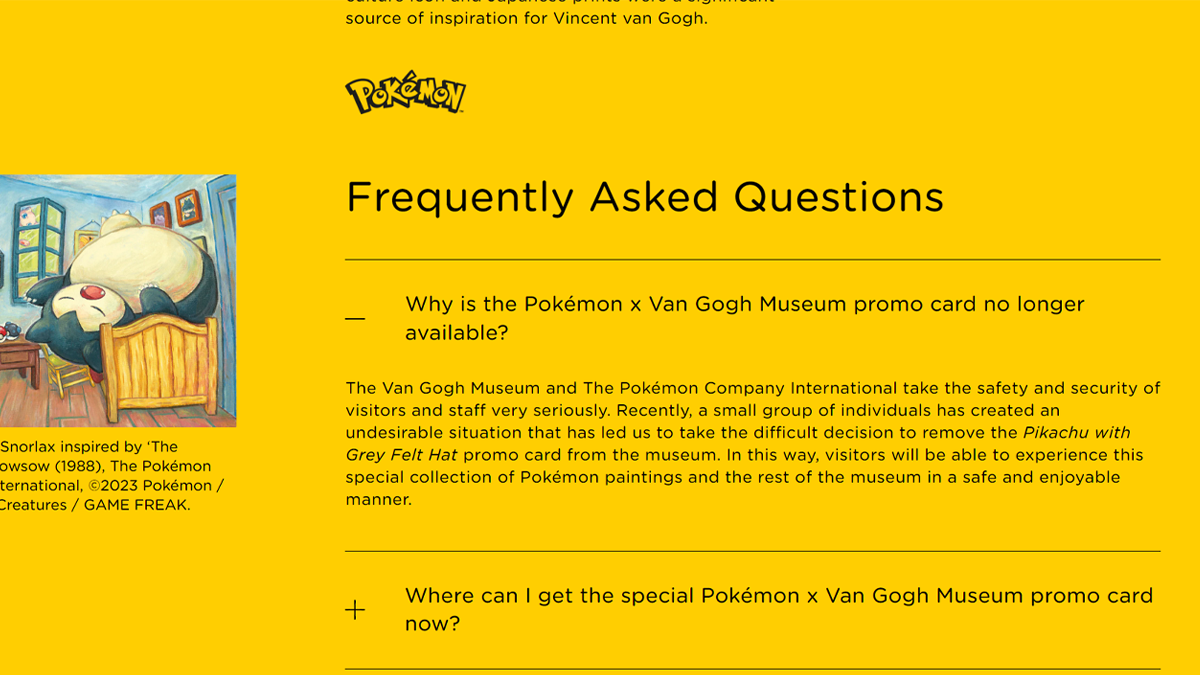 Screenshot of Van Gogh Pikachu Pokemon Card cancellation announcement