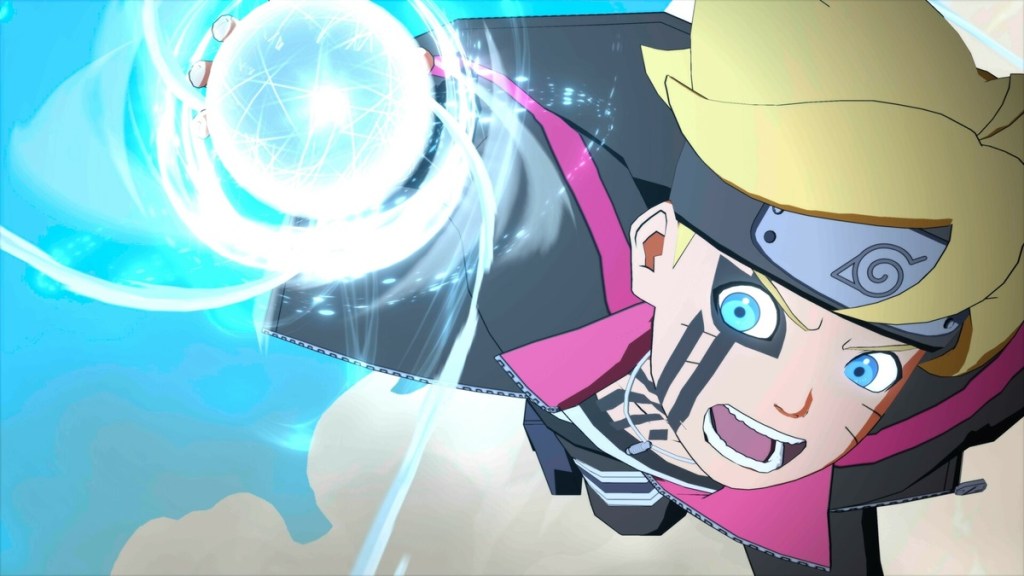 Boruto flying towards the screen, energy collecting in his hand