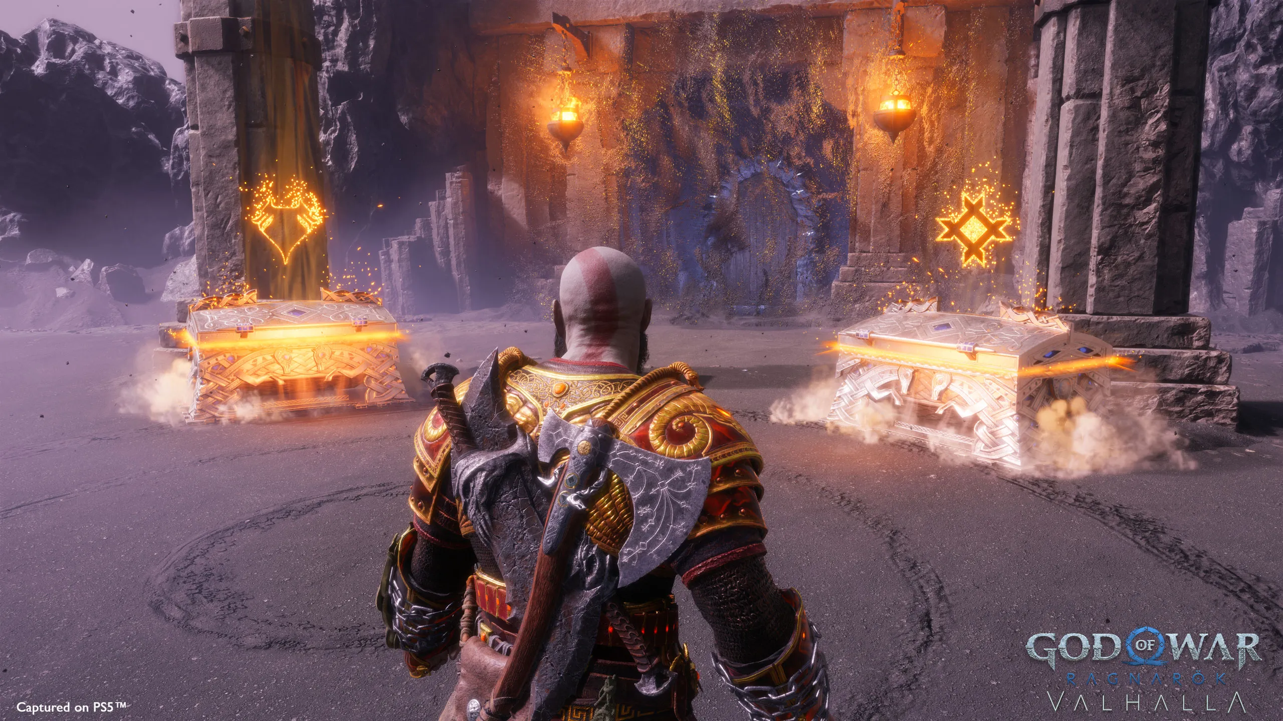 Kratos stood in front of two chests in the God of War Ragnarok: Valhalla DLC